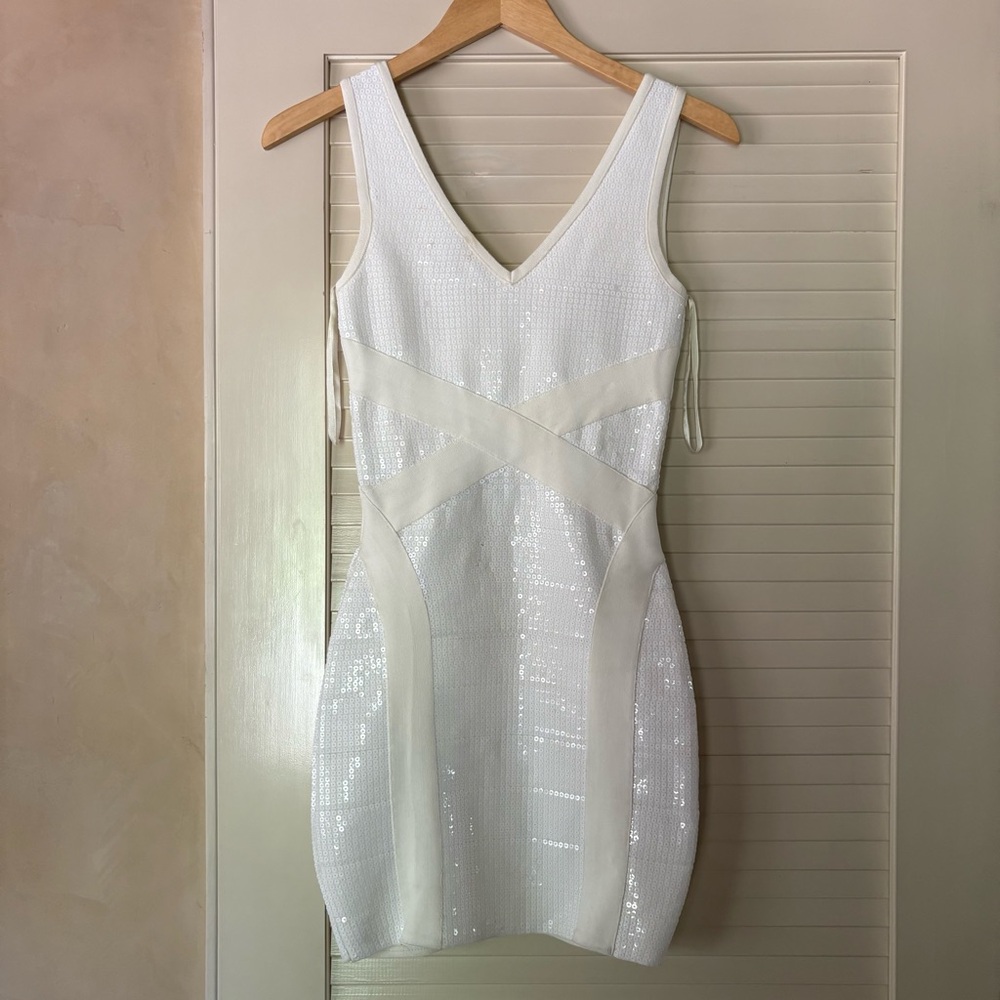 Bebe bandage white sequin dress